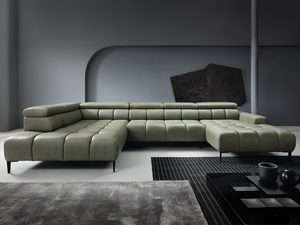 Miniaturka 23 - Oliwkowy narożnik w kształcie U skórzany w eleganckim salonie