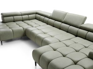 Miniaturka 16 - Narożnik oliwkowy detal pikowania i zagłówków regulowanych zbliżenie