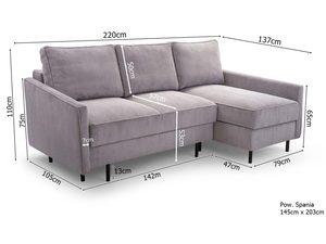 Miniaturka 21 - Szary narożnik sztruksowy mały w kształcie L wymiary schemat