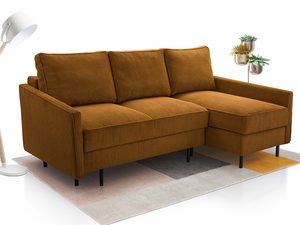 Miniaturka 24 - Musztardowy narożnik sztruksowy mały w kształcie L z lampą aranżacja