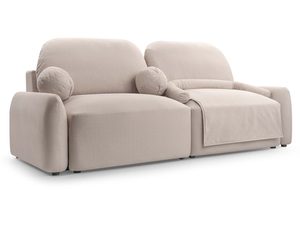 Miniaturka 6 - Beżowa sofa tapicerowana z narzutą i poduszkami dekoracyjnymi