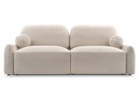Kremowa sofa w tkaninie boucle z okrągłymi poduszkami dekoracyjnymi