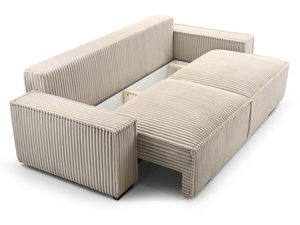 Miniaturka 10 - Sofa beżowa sztruksowa rozłożona z otwartym pojemnikiem na pościel