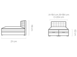 Miniaturka 8 - Łóżko kontynentalne tapicerowane wymiary 211x164 cm rysunek techniczny