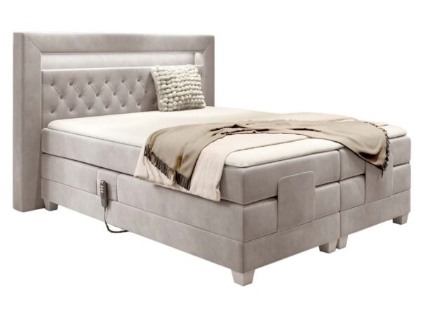 Łóżko kremowe z podświetlanym zagłówkiem w eleganckiej sypialni