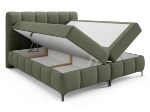 Miniaturka 43 - Oliwkowe łóżko tapicerowane z otwartym pojemnikiem na pościel