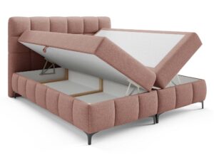 Miniaturka 41 - Pudrowe łóżko tapicerowane z otwartym pojemnikiem na pościel