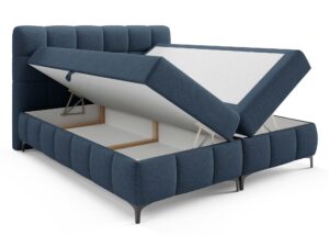 Miniaturka 38 - Granatowe łóżko tapicerowane z otwartym pojemnikiem na pościel
