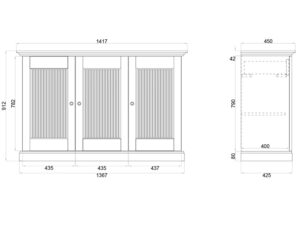 Miniaturka 12 - Schemat techniczny komody trójdrzwiowej drewnianej ciemnobrązowej z wymiarami 142x45x91cm
