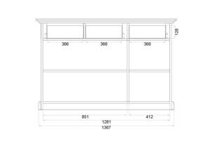 Miniaturka 13 - Schemat techniczny wnętrza komody trójdrzwiowej z podziałem półek i wymiarami