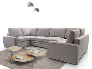 Miniaturka 11 - Narożnik tapicerowany szary sztruksowy w nowoczesnym salonie ze stolikami aranżacja