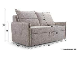 Miniaturka 9 - Schemat wymiarowy sofy rozkładanej z podanymi wymiarami w centymetrach