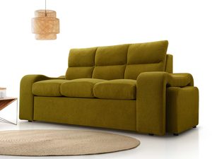 Miniaturka 17 - Musztardowa sofa trzyosobowa w aranżacji z rattanową lampą