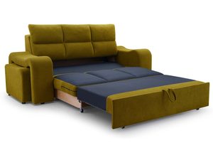 Miniaturka 10 - Rozkładana sofa musztardowa z wysuniętym materacem do spania