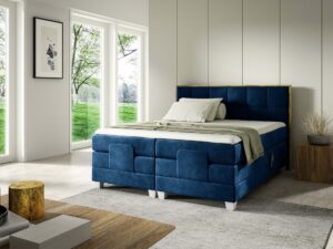 Miniaturka 14 - Granatowe łóżko elektryczne z drewnianą ramą i tapicerką