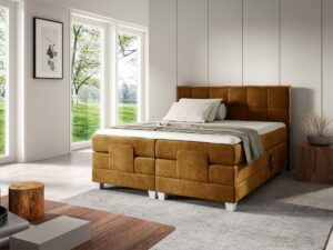 Miniaturka 17 - Łóżko elektryczne musztardowe z drewnianą ramą eleganckie