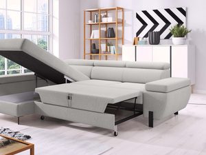 Miniaturka 19 - Szary narożnik tapicerowany z funkcją spania i pojemnikiem w aranżacji