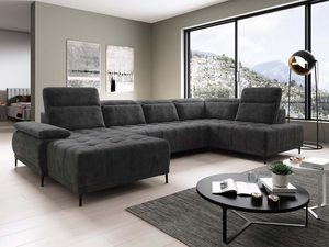 Miniaturka 12 - Grafitowy narożnik tapicerowany pikowany w salonie z panoramicznym oknem