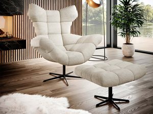 Miniaturka 15 - Fotel obrotowy boucle kremowy z podnóżkiem w aranżacji salonu