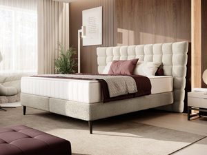 Miniaturka 8 - Łóżko kontynentalne kremowe boucle z pikowanym zagłówkiem aranżacja sypialni