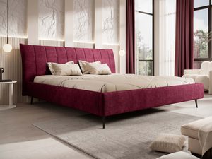 Miniaturka 4 - Łóżko tapicerowane bordowe z prążkowanym zagłówkiem w aranżacji sypialni