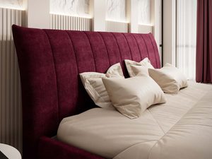 Miniaturka 3 - Bordowe łóżko detal prążkowanego zagłówka z poduszkami zbliżenie