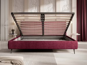 Miniaturka 7 - Bordowe łóżko z pojemnikiem na pościel otwarte stelaż widoczny frontalnie