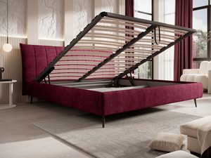 Miniaturka 6 - Łóżko bordowe z pojemnikiem na pościel otwarte w aranżacji sypialni