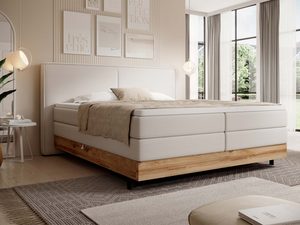 Miniaturka 6 - Kremowe łóżko kontynentalne z drewnianą podstawą dębową w sypialni