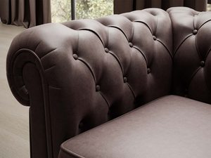 Miniaturka 2 - Sofa Chesterfield brązowa welurowa detal pikowania i podłokietnika