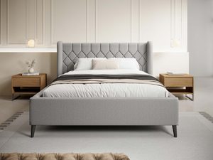 Miniaturka 6 - Szare łóżko tapicerowane z pikowanym zagłówkiem uszatek w sypialni