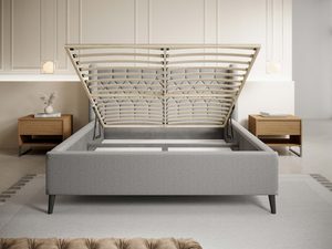 Miniaturka 5 - Szare łóżko tapicerowane z otwartym pojemnikiem na pościel w sypialni