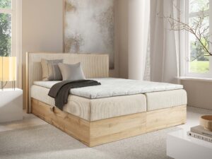 Miniaturka 10 - Łóżko kremowe z drewnianą ramą w nowoczesnej sypialni