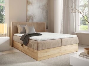 Miniaturka 11 - Beżowe łóżko z drewnianą ramą w stylowej aranżacji