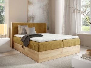 Miniaturka 12 - Łóżko musztardowe z drewnianą ramą w eleganckiej sypialni