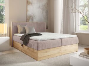 Miniaturka 14 - Łóżko pudrowe z drewnianą ramą w stylowej aranżacji