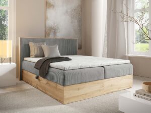 Miniaturka 15 - Jasnoszare łóżko z drewnianą ramą w eleganckiej sypialni