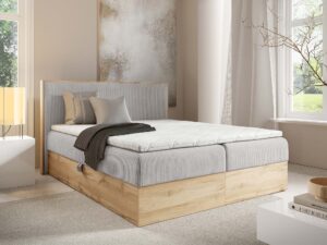 Miniaturka 16 - Łóżko jasnoszare z drewnianą ramą w nowoczesnej sypialni