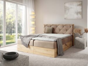 Miniaturka 16 - Łóżko kremowe z drewnianą ramą i pikowanym oparciem eleganckie