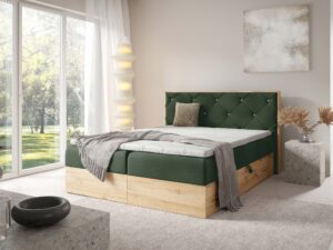 Miniaturka 13 - Granatowe łóżko z drewnianą ramą i pikowanym zagłówkiem w sypialni