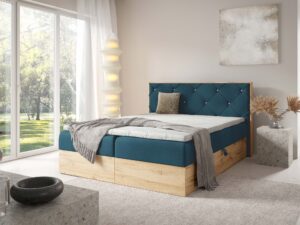 Miniaturka 12 - Łóżko w kolorze butelkowej zieleni z drewnianą ramą w sypialni