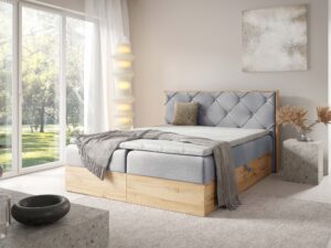 Miniaturka 11 - Szare łóżko z drewnianą ramą i pikowanym zagłówkiem w sypialni