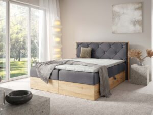 Miniaturka 10 - Łóżko szare z drewnianą ramą i pikowanym oparciem w sypialni