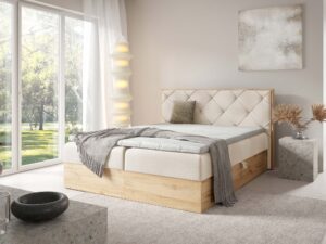 Miniaturka 9 - Kremowe łóżko z drewnianą ramą i pikowanym zagłówkiem