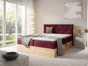 Miniaturka 14 - Łóżko bordowe z drewnianą ramą i pikowanym oparciem w sypialni