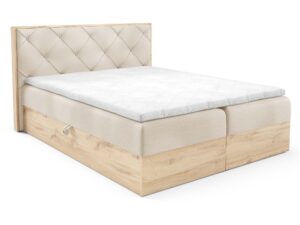 Miniaturka 1 - Kremowe łóżko z drewnianą ramą i pikowanym zagłówkiem