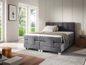 Miniaturka 16 - Szare łóżko elektryczne z drewnianą ramą i tapicerką