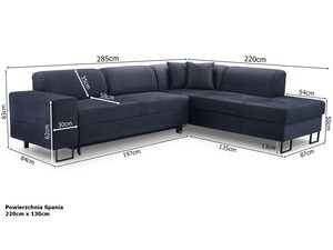 Miniaturka 7 - Granatowy narożnik tapicerowany w kształcie L wymiary schemat