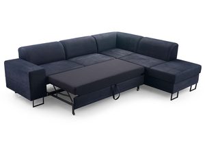 Miniaturka 4 - Narożnik granatowy tapicerowany w kształcie L rozłożony funkcja spania