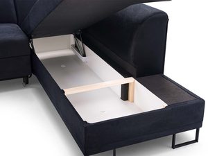 Miniaturka 3 - Granatowy narożnik tapicerowany w kształcie L z otwartym pojemnikiem na pościel